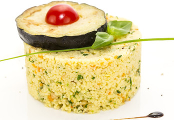 couscous embellished with eggplant and tomato
