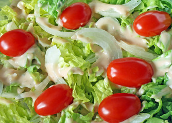 Fresh garden salad with tomatoes, onions and creamy dressing