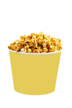 popcorn in a cardboard bucket theater, white, yellow