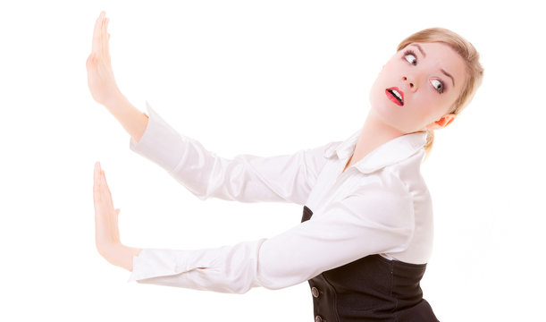 Business Woman Pushing Away Invisible Obstacles Copy-space