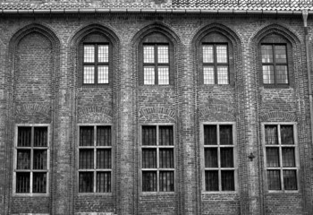 black and white gothic City Hall in Torun, Poland.