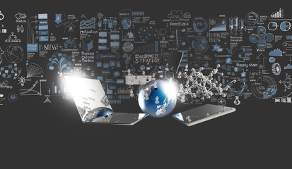 world of media network 3d and hand drawn business strategy as co