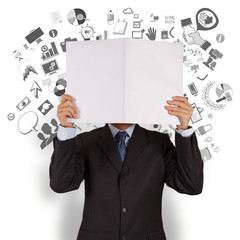 businessman hand show blank cover book of business strategy back