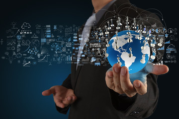 businessman showing the earth 3d and  social network structure a