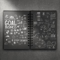 hand drawn book of goal success business strategy on dark backgr
