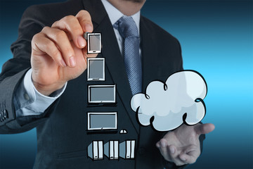 Businessman working with a Cloud Computing diagram on the new co
