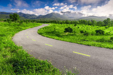 Beautiful countryside road in green field under blue sky