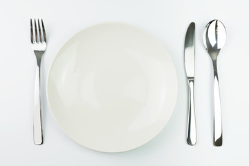 Empty plate with fork, knife and spoon