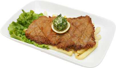 Meat pork cutlet with potatoes chips