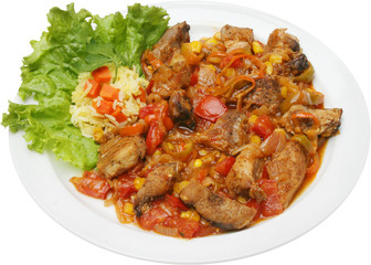 Mixed grilled meat platter with sauce and vegetable delicacy