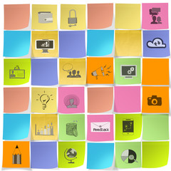 hand drawn icons of business strategy on sticky note as concept