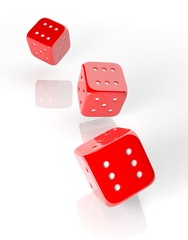 Three red dices of six isolated on white background