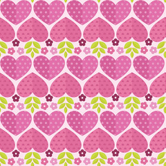 Seamless patterns with flowers, hearts and leaves.