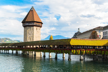 wooden Chapel bridge and old town of Lucerne, Switzerland