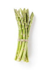 uncooked green asparagus tied with twine from above