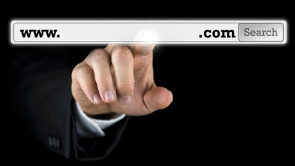 Man accessing a domain name on a virtual screen - obrazy, fototapety, plakaty