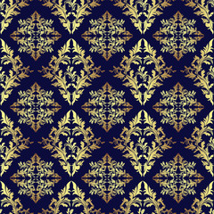 Luxury seamless ornamental Wallpaper: gold on dark blue.