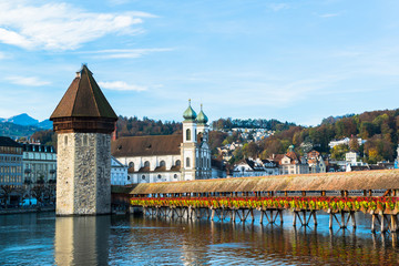 wooden Chapel bridge and old town of Lucerne, Switzerland