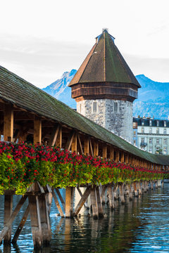 wooden Chapel bridge and old town of Lucerne, Switzerland