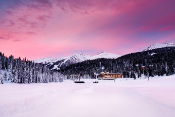 Beautiful Sunrise at Ski Resort of Madonna di Campiglio, Italian