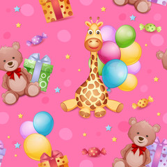 Seamless pattern with giraffe toy, teddy bear and balloons.