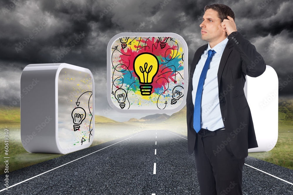 Poster composite image of thinking businessman scratching head