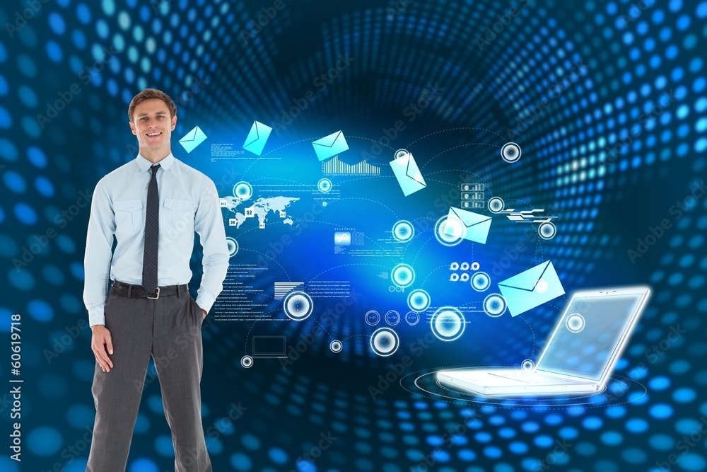 Poster Composite image of smiling businessman standing with hand in poc