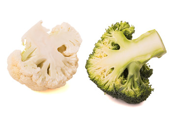 Cut cauliflower and broccoli isolated on white background