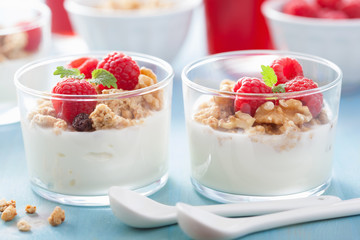 healthy breakfast with yogurt granola and raspberry