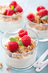 healthy breakfast with yogurt granola and raspberry
