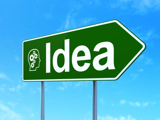 Marketing concept: Idea and Head With Gears on road sign