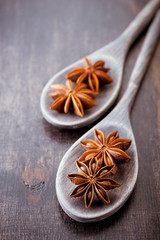 Star anise in old wooden spoons