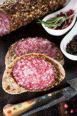 Salami with bread and  knife