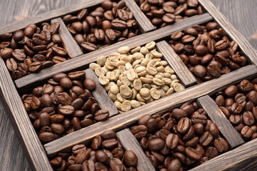 Roasted coffee and green coffee in old wooden box