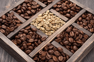 Green (raw) coffee and roasted coffee beans in old wooden box
