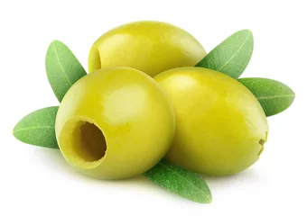 Poster Isolated olives. Three pitted green olive fruits with leaves isolated on white background © ChaoticDesignStudio