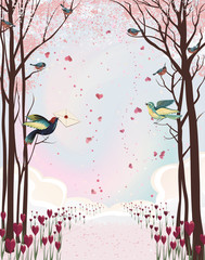 Frame composition with pink forest and birds - 60624722