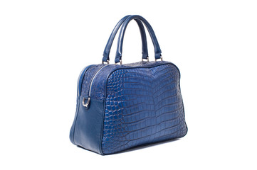 Blue reptile leather bag isolated on white background