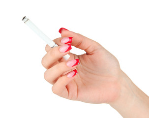 Female hand with cigarette, isolated on white