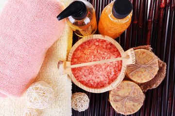 Beautiful spa setting on bamboo mat close up
