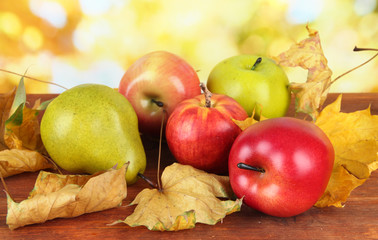 Naklejka na ściany i meble Beautiful ripe apples and pear with yellow leaves