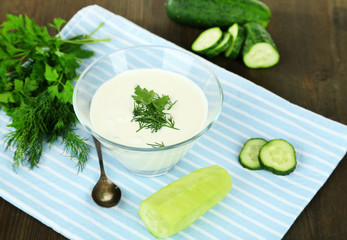 Cucumber yogurt in glass bowl,