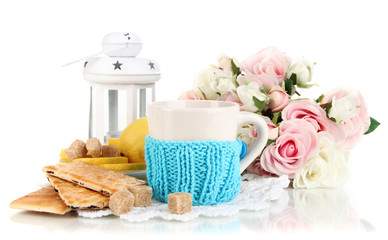 Cup of tea with lemon isolated on white