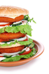 Huge burger on color plate, isolated on white