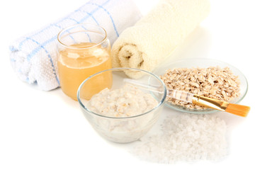 Homemade facial mask with oats and honey, isolated on white