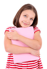Beautiful little girl with book, isolated on white