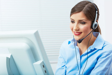 Portrait of woman customer service worker, call center smiling