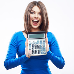 Young woman hold digital calculator. Female smiling model white
