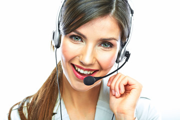 Customer support operator. Woman face.Call center smiling opera
