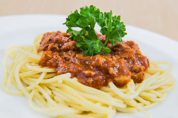 Spaghetti Bolognese on white plate